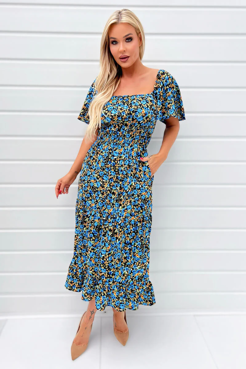 Blue Floral Printed Flutter Sleeve Midi Smock Dress - Swimclubus