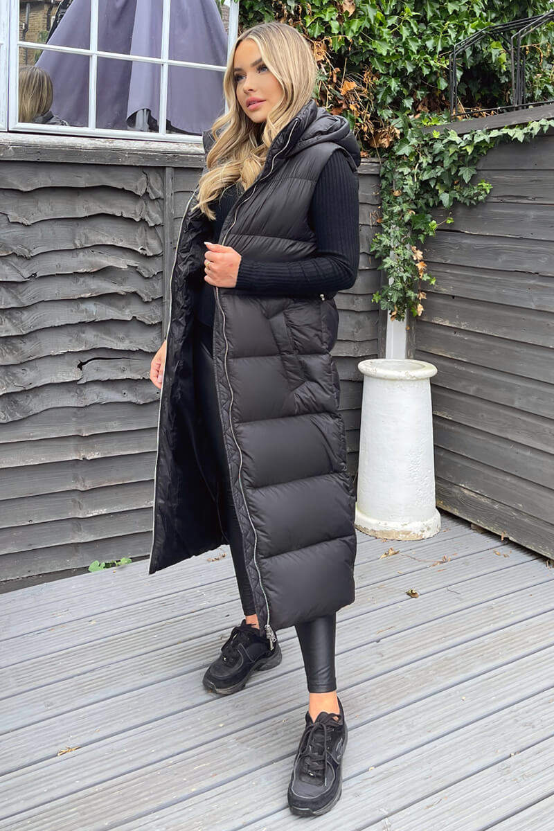 Black Drawstring Waist Puffer Gilet - Swimclubus