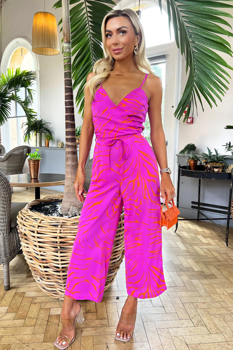 Pink and Orange Printed Wrap Top Tie Waist Full Length Jumpsuit - Swimclubus