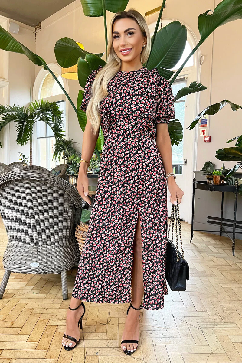 Multi Rose Printed Frill Detail Midi Dress - Swimclubus