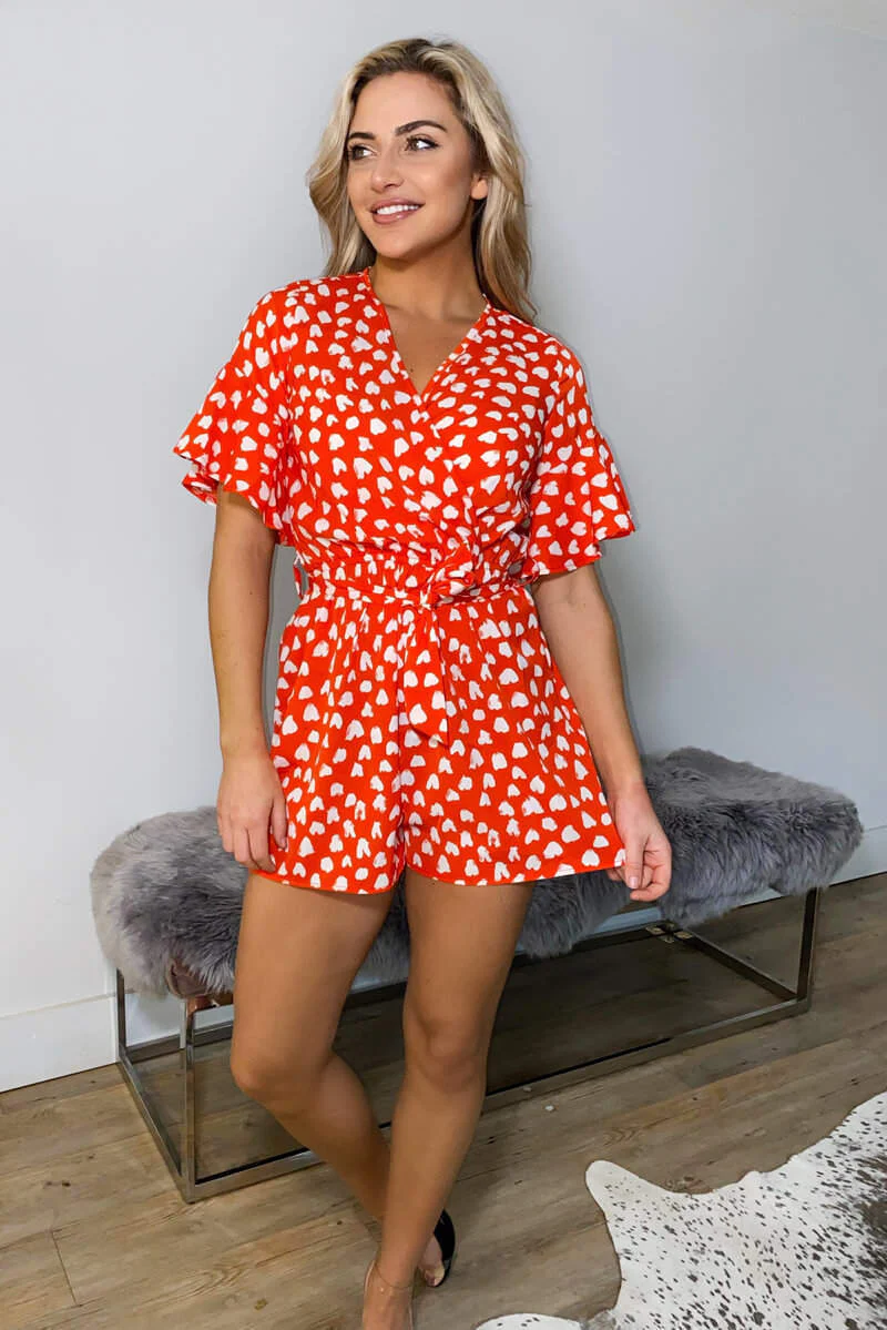 Red Heart Print Wrap Playsuit - Swimclubus