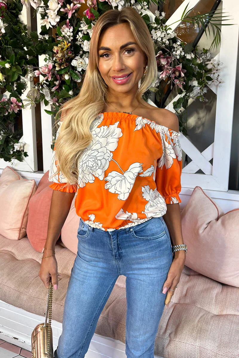 Orange Floral Print Elasticated Off The Shoulder Frill Detail Top - Swimclubus