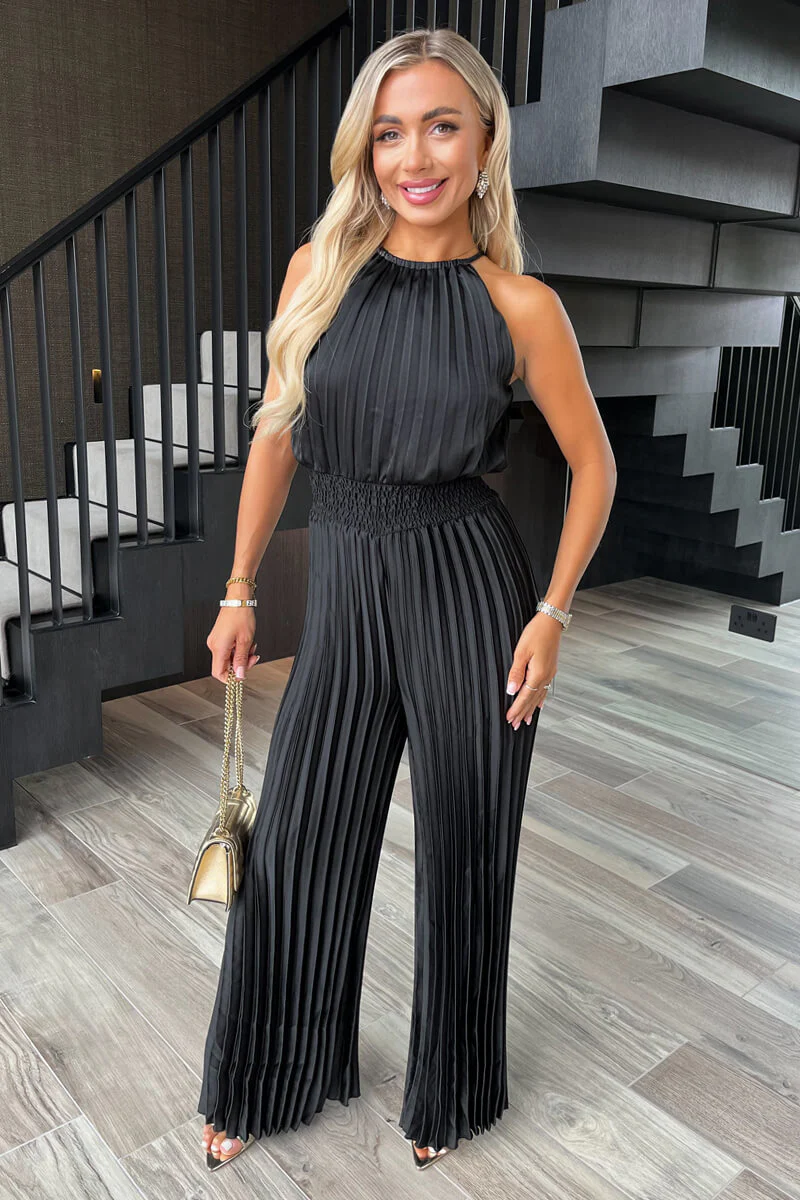 Black Halter Neck Shirred Waist Pleated Jumpsuit - Swimclubus
