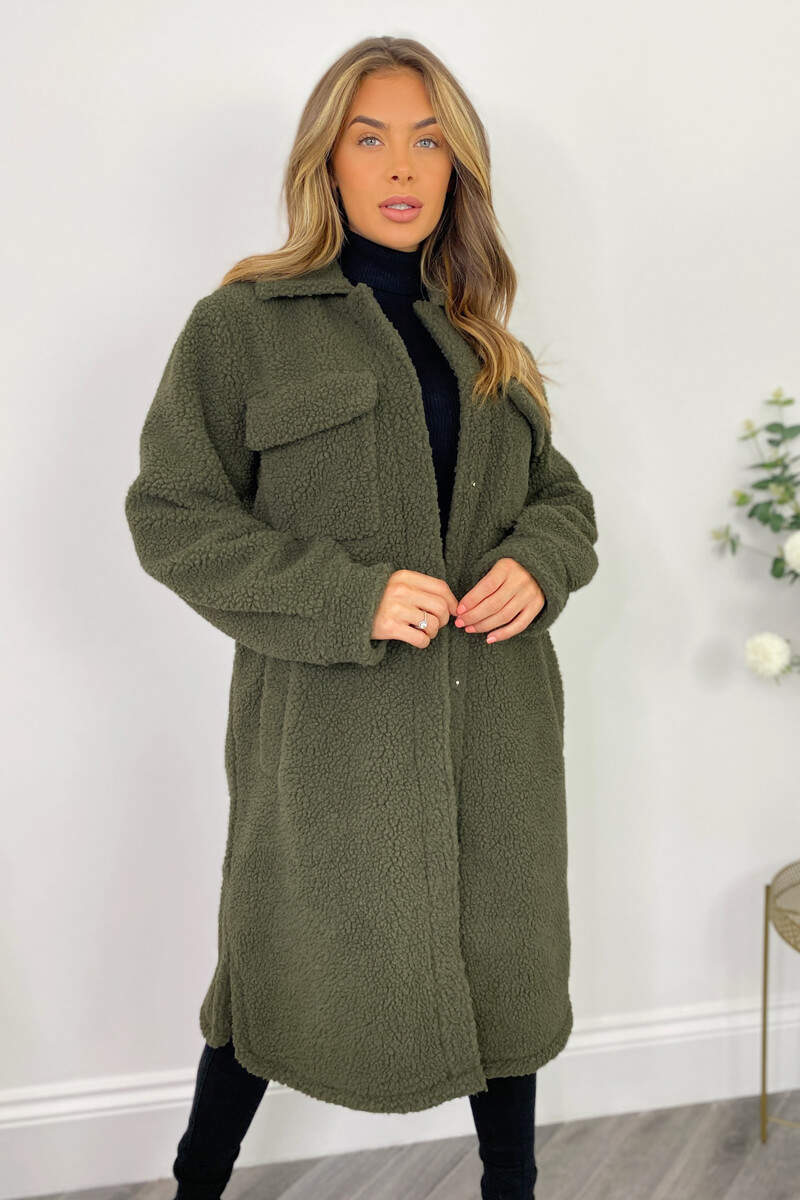 Khaki Oversized Teddy Faux Fur Front Pocket Coat - Swimclubus