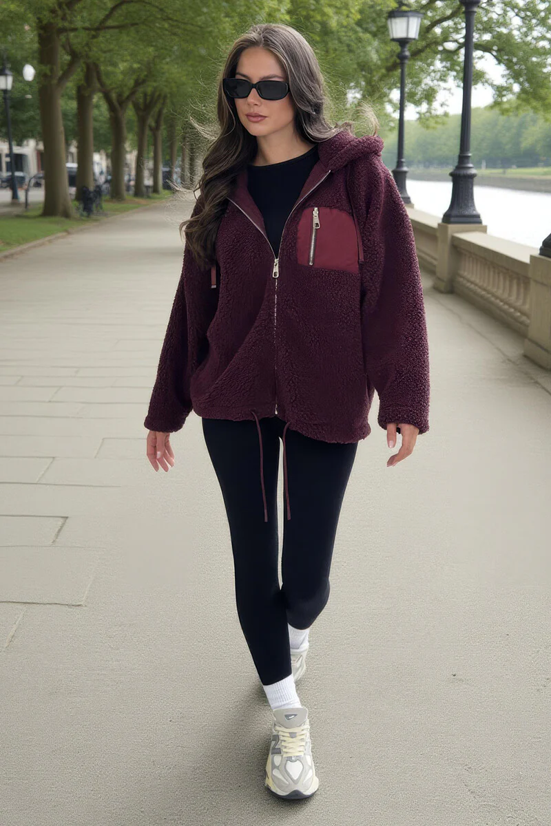 Burgundy Pocket Detail Hooded Teddy Jacket - Swimclubus