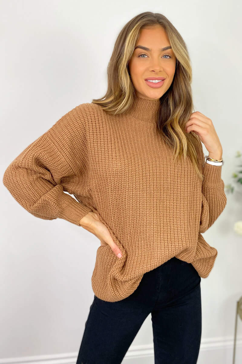 Tan High Neck Knitted Jumper - Swimclubus