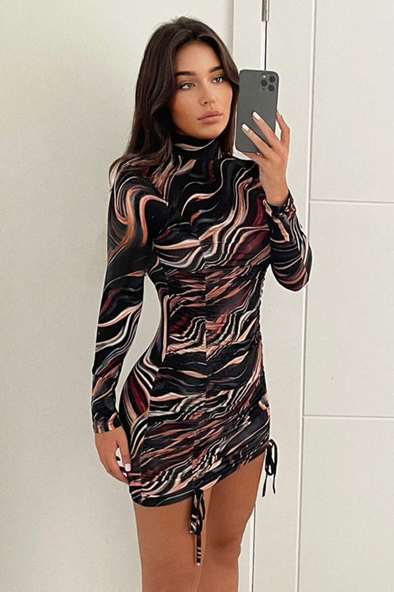 Black Marble Printed Long Sleeve Dress - Swimclubus