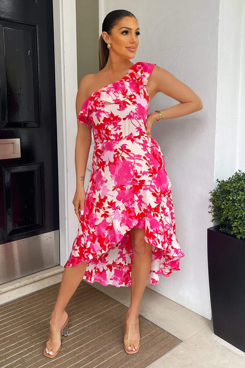 Pink Floral One Shoulder Frill Detail Dipped Hem Dress - Swimclubus