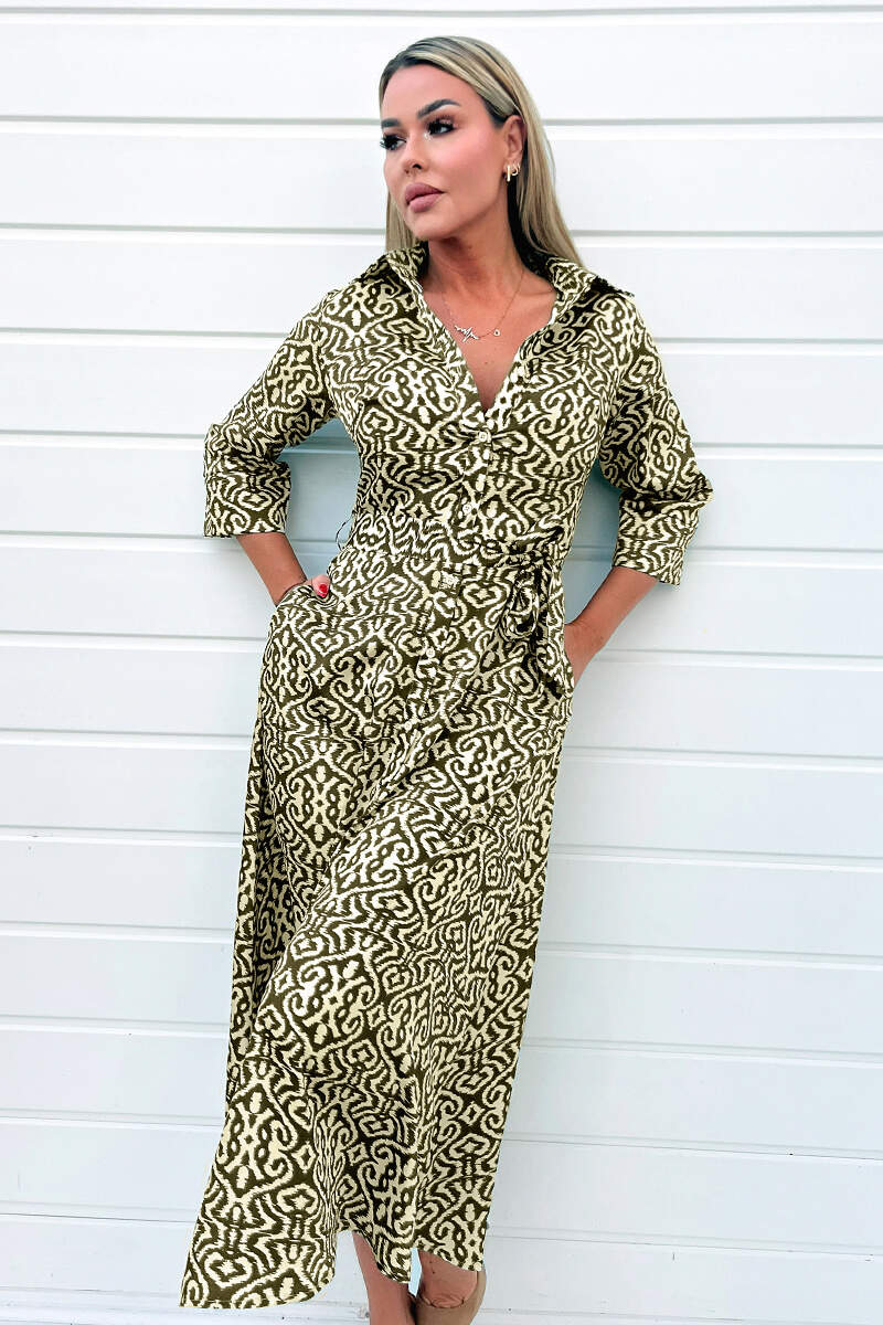 Khaki And Cream Print Shirt Midi Dress - Swimclubus