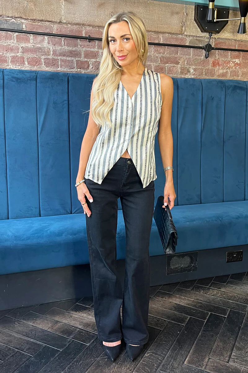 Cream And Black Stripe Print Button Front Waistcoat - Swimclubus