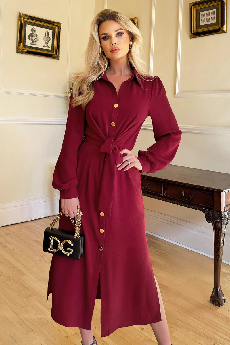 Wine Button Front Tie Shirt Midi Dress - Swimclubus