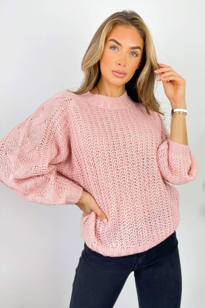 Pink Cable Raglan Sleeve Jumper - Swimclubus