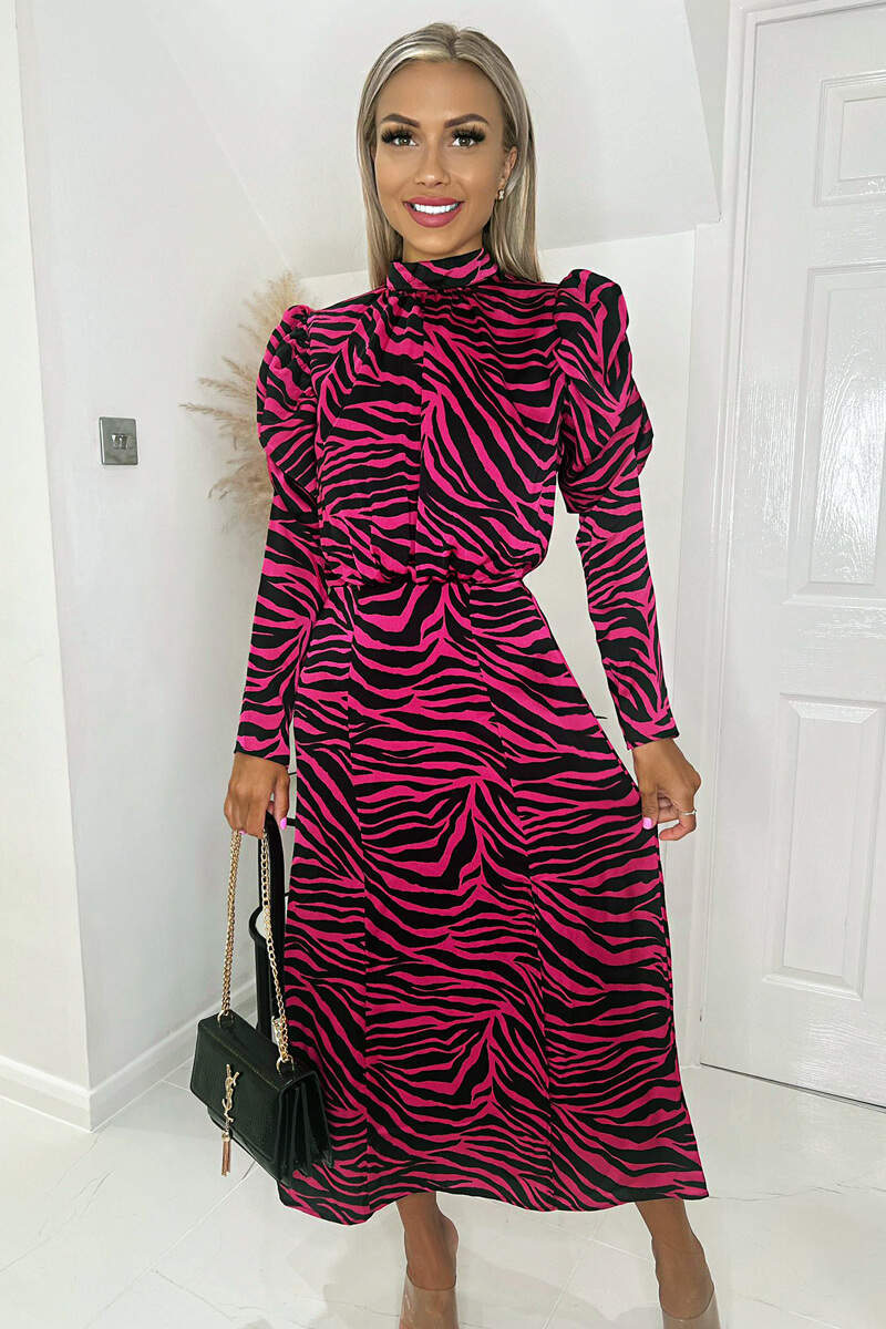 Pink Zebra Print Long Puff Sleeve Midi Dress - Swimclubus