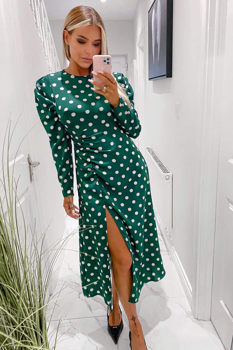 Green Spot Ruched Detail Midi Dress - Swimclubus