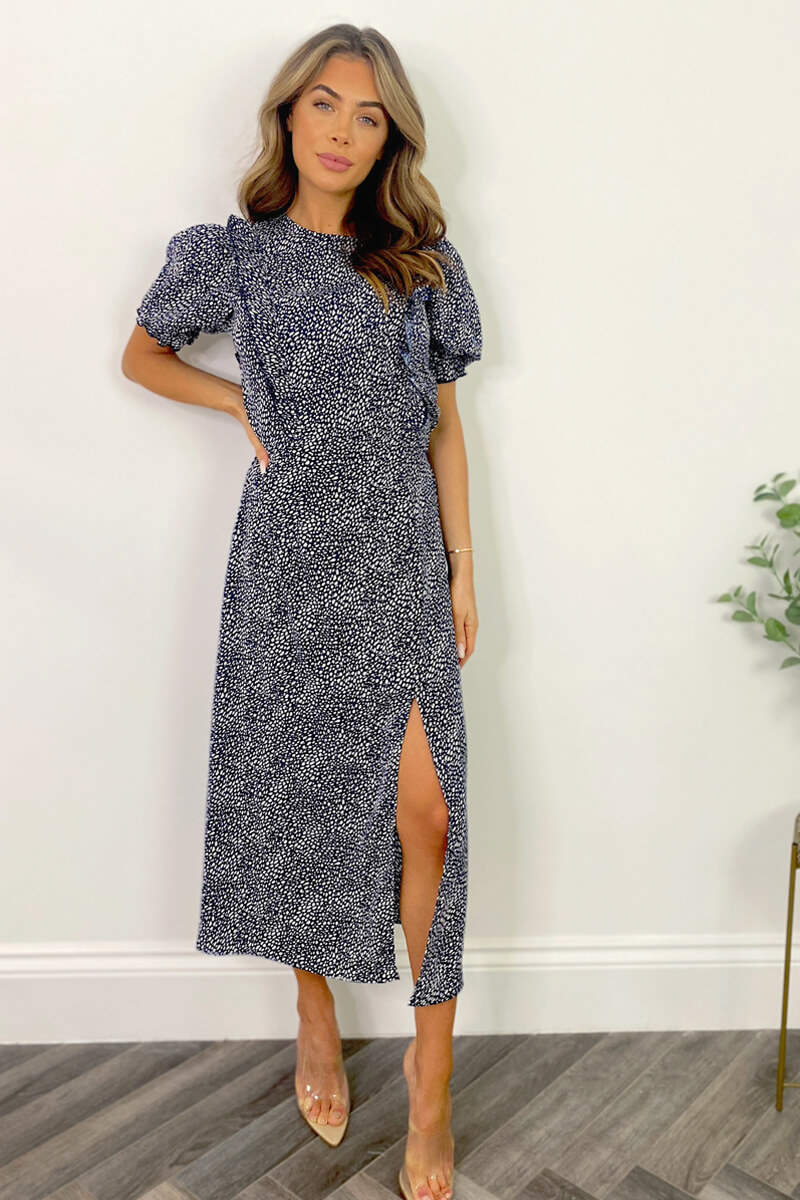Navy And White Printed Ruffle Front Midi Dress - Swimclubus
