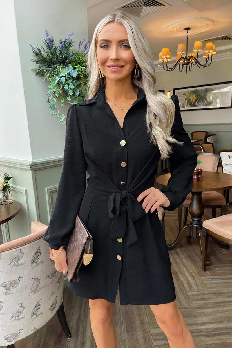 Black Button Tie Front Mini Shirt Dress - Swimclubus