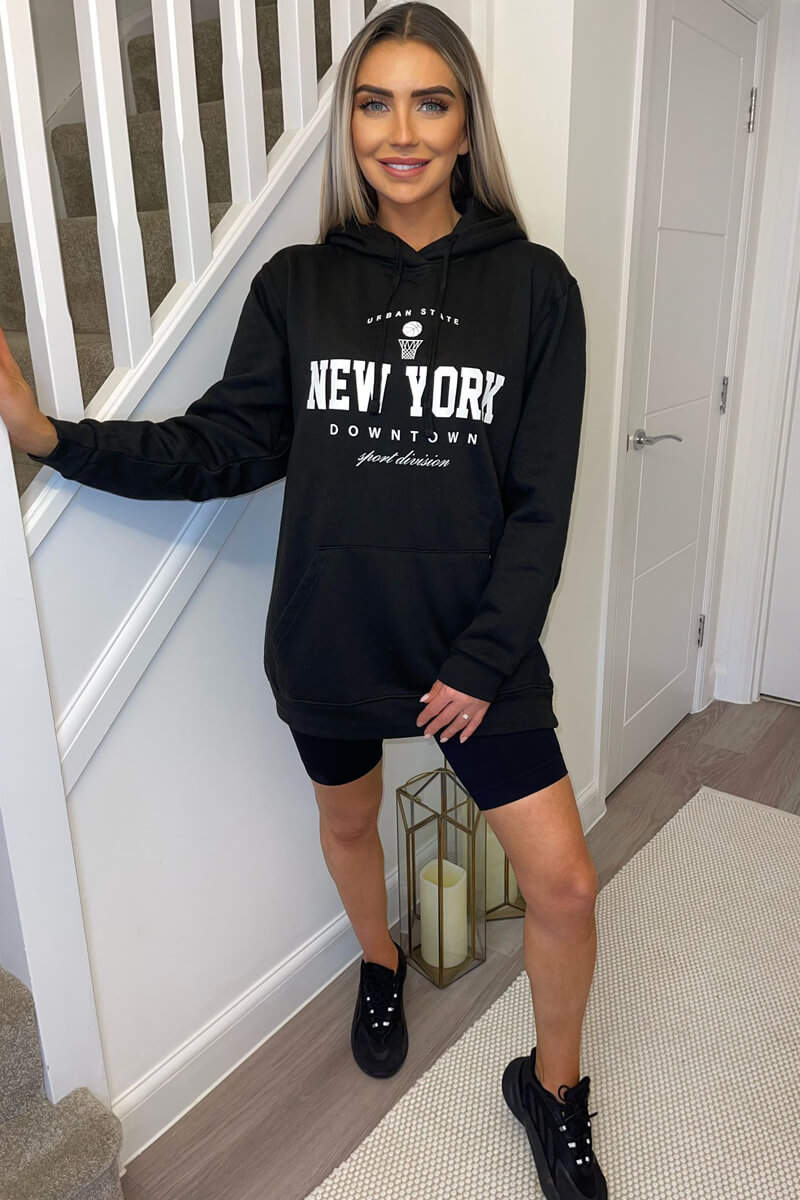 Black New York Slogan Hoodie - Swimclubus