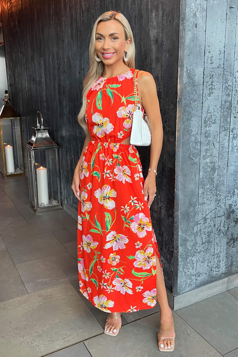 Orange Floral Cut Out Waist Midi Dress - Swimclubus