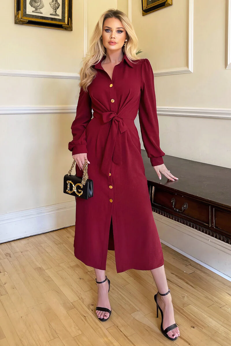 Wine Button Front Tie Shirt Midi Dress - Swimclubus