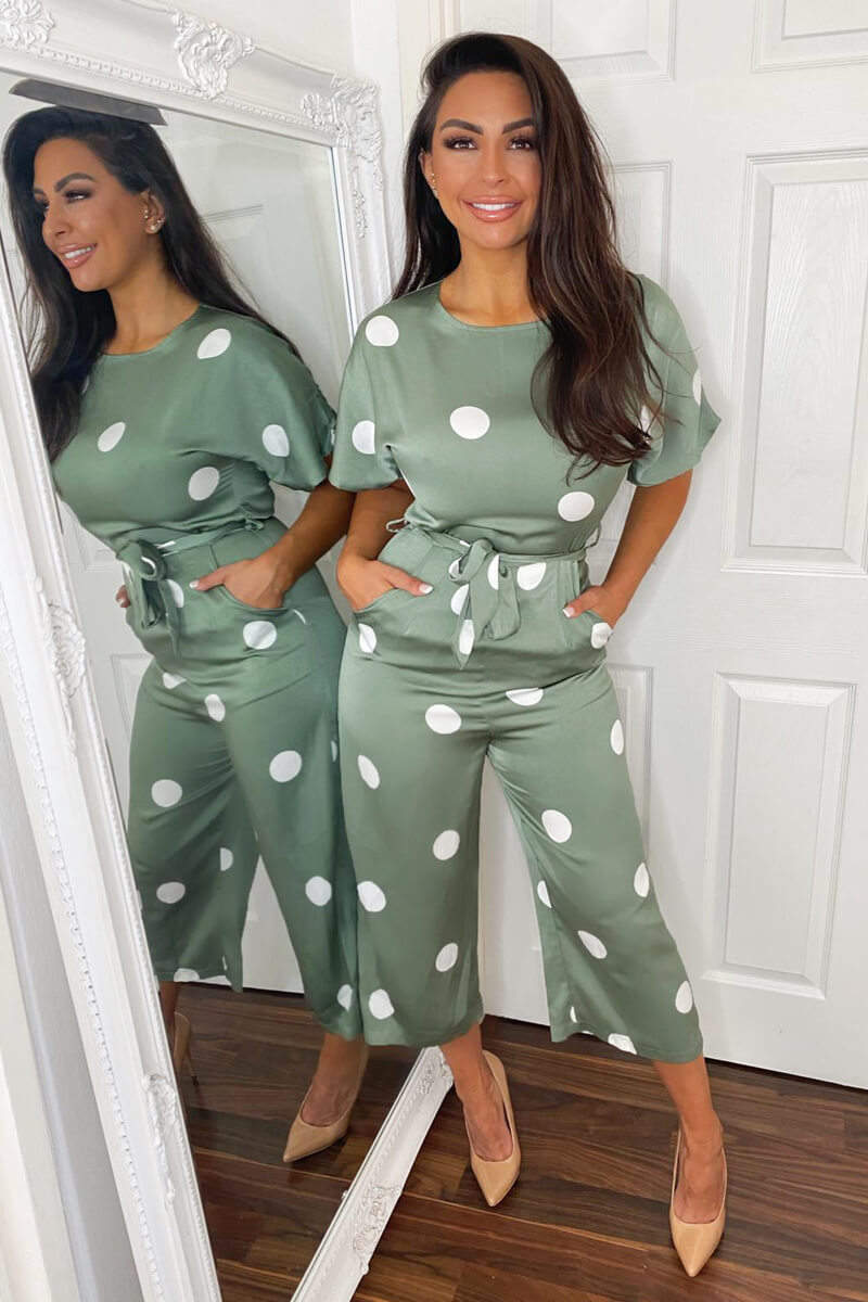 Green Dot Print Tie Waist Jumpsuit - Swimclubus