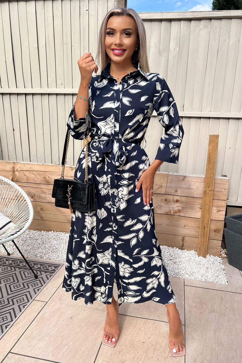 Navy And White Floral Printed Midi Shirt Dress - Swimclubus