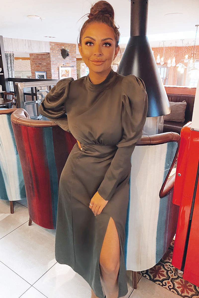 Olive Gathered High Neck Split Midi Dress - Swimclubus