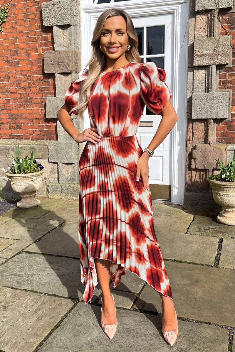 Rust Printed Puff Sleeve Zig Zag Hem Pleated Midi Dress - Swimclubus