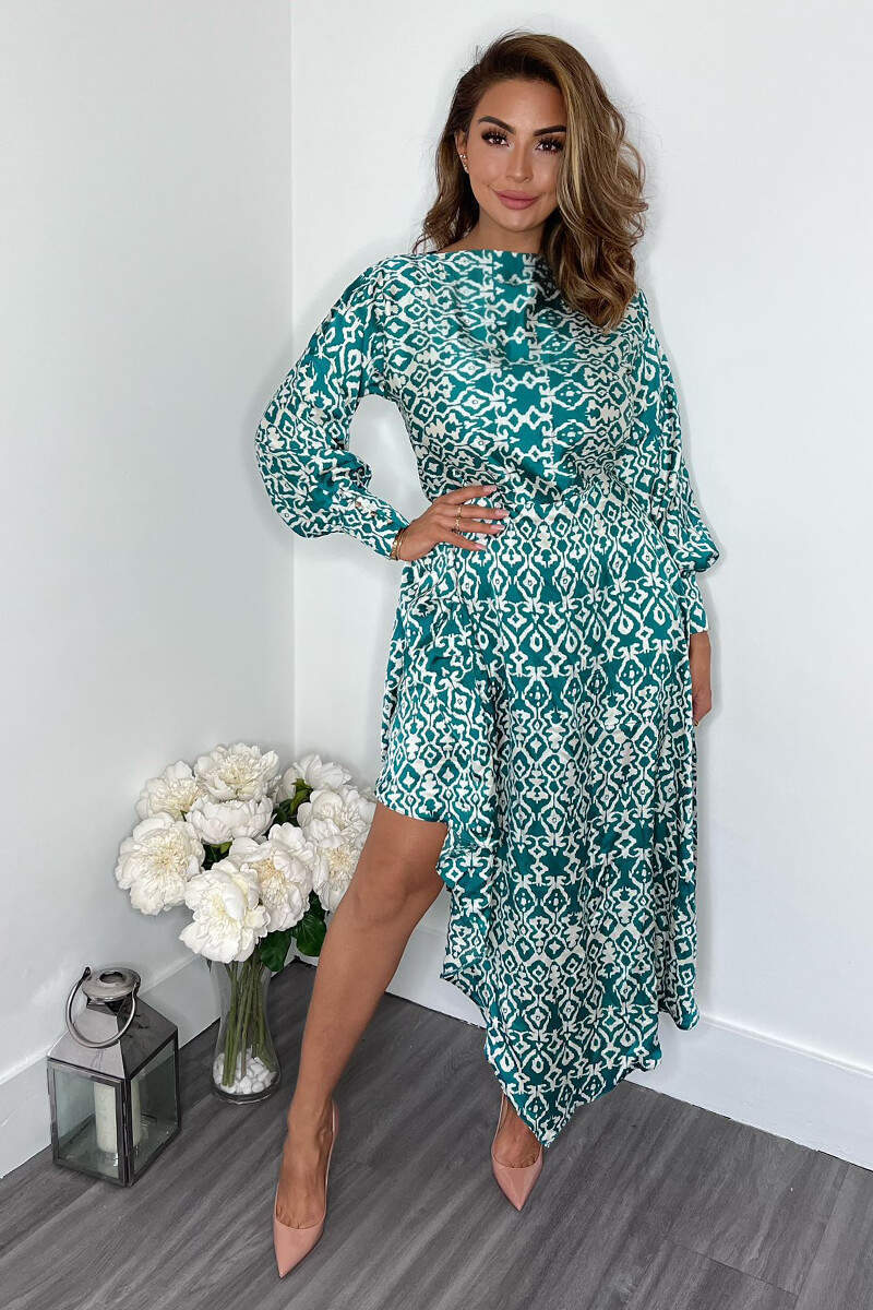 Green Printed Satin High Low Skirt Midi Dress - Swimclubus