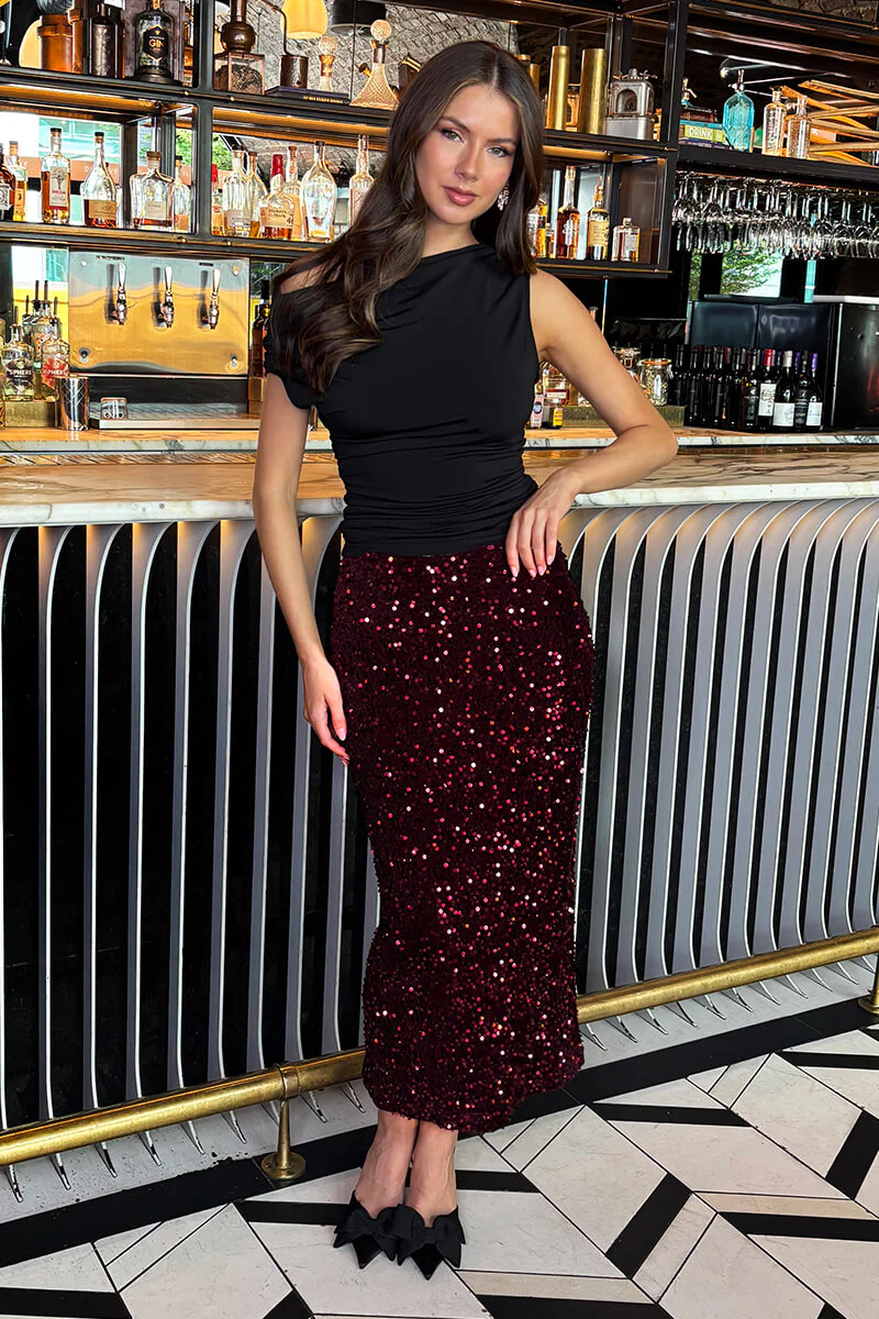 Wine Velvet Sequin Midi Skirt - Swimclubus