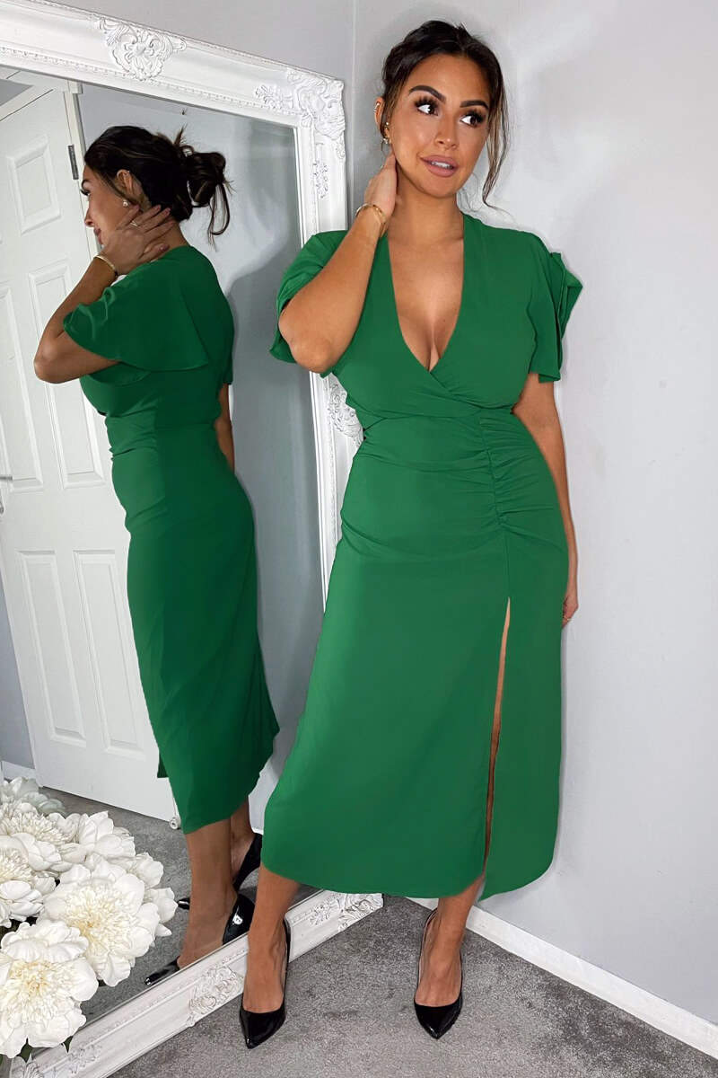Green Ruched Split Leg Midi Dress - Swimclubus