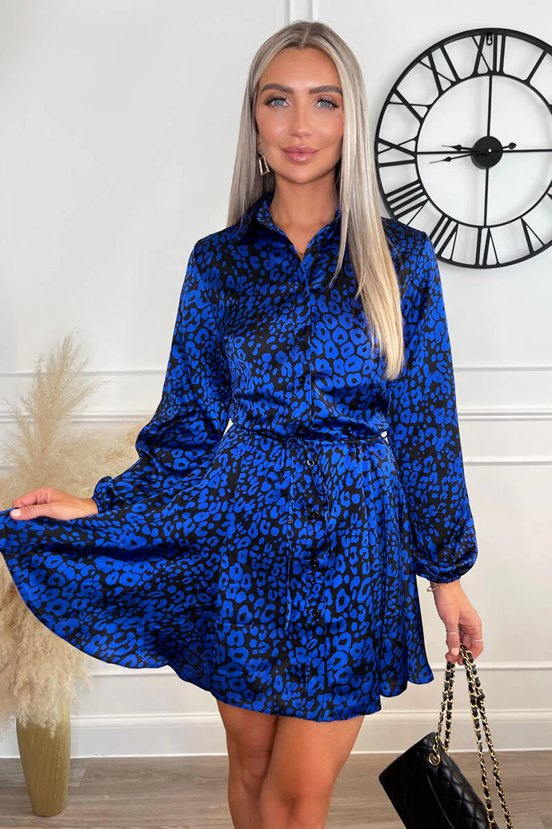 Cobalt Animal Print Long Sleeve Tie Waist Collared Skater Dress - Swimclubus