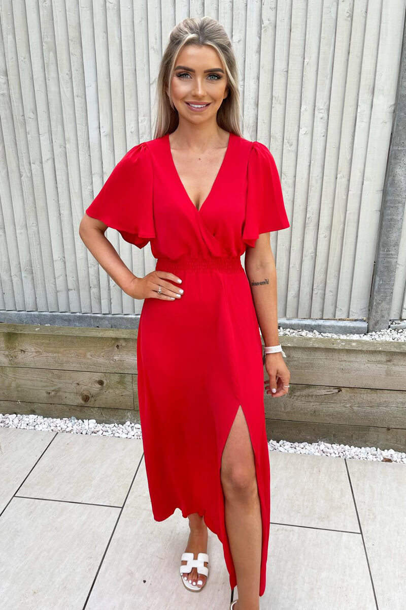 Red Gathered Waist Midi Dress - Swimclubus