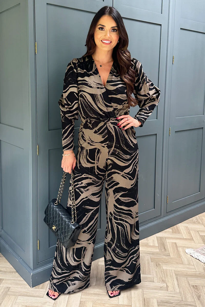 Black and Khaki Print Wrap Top Jumpsuit - Swimclubus