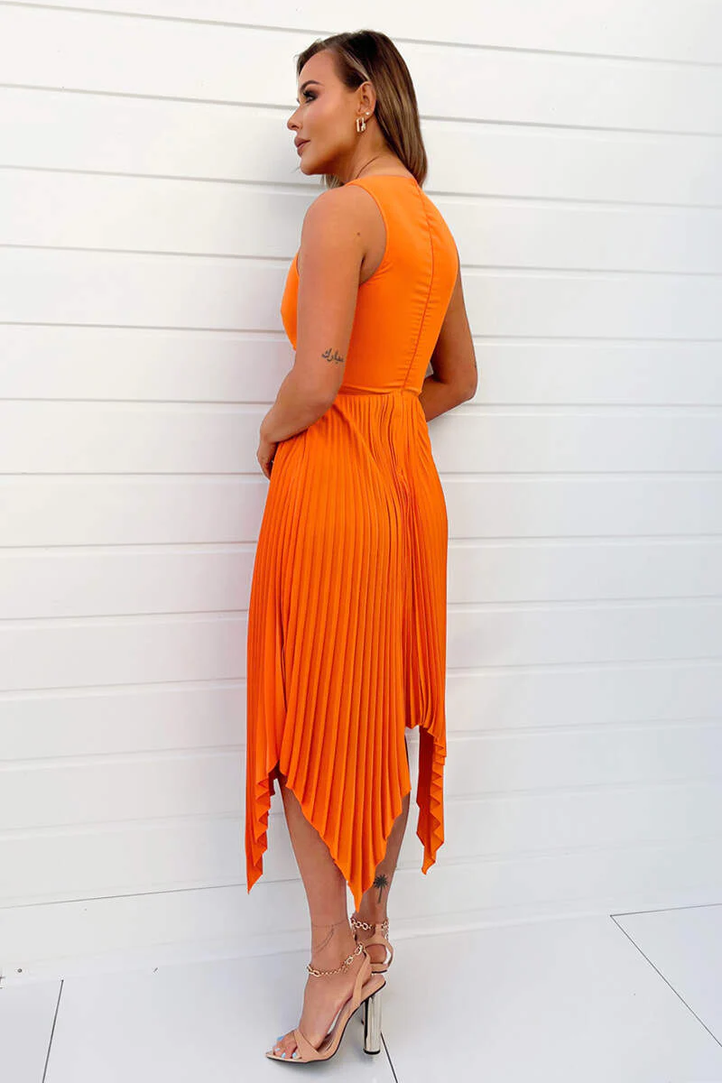 Blood Orange V-Neck Pleated Skirt Midi Dress - Swimclubus