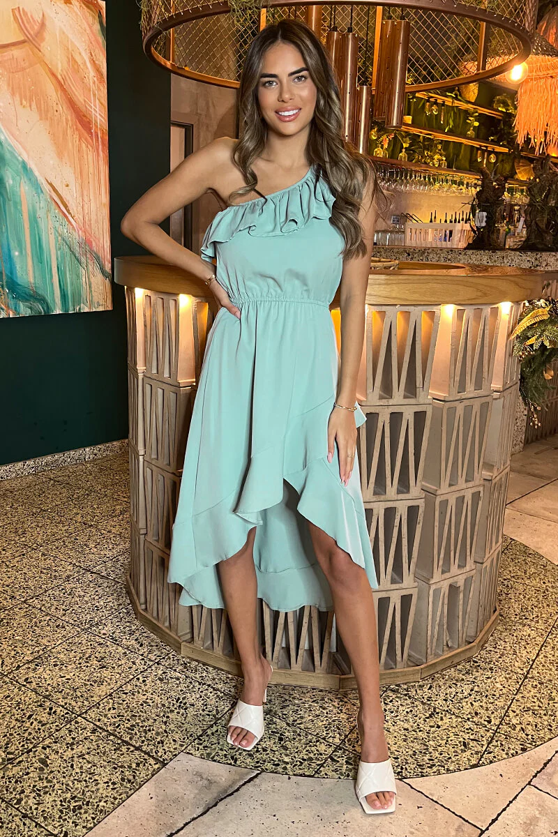 Duck Egg One Shoulder Frill Detail Dipped Hem Dress - Swimclubus