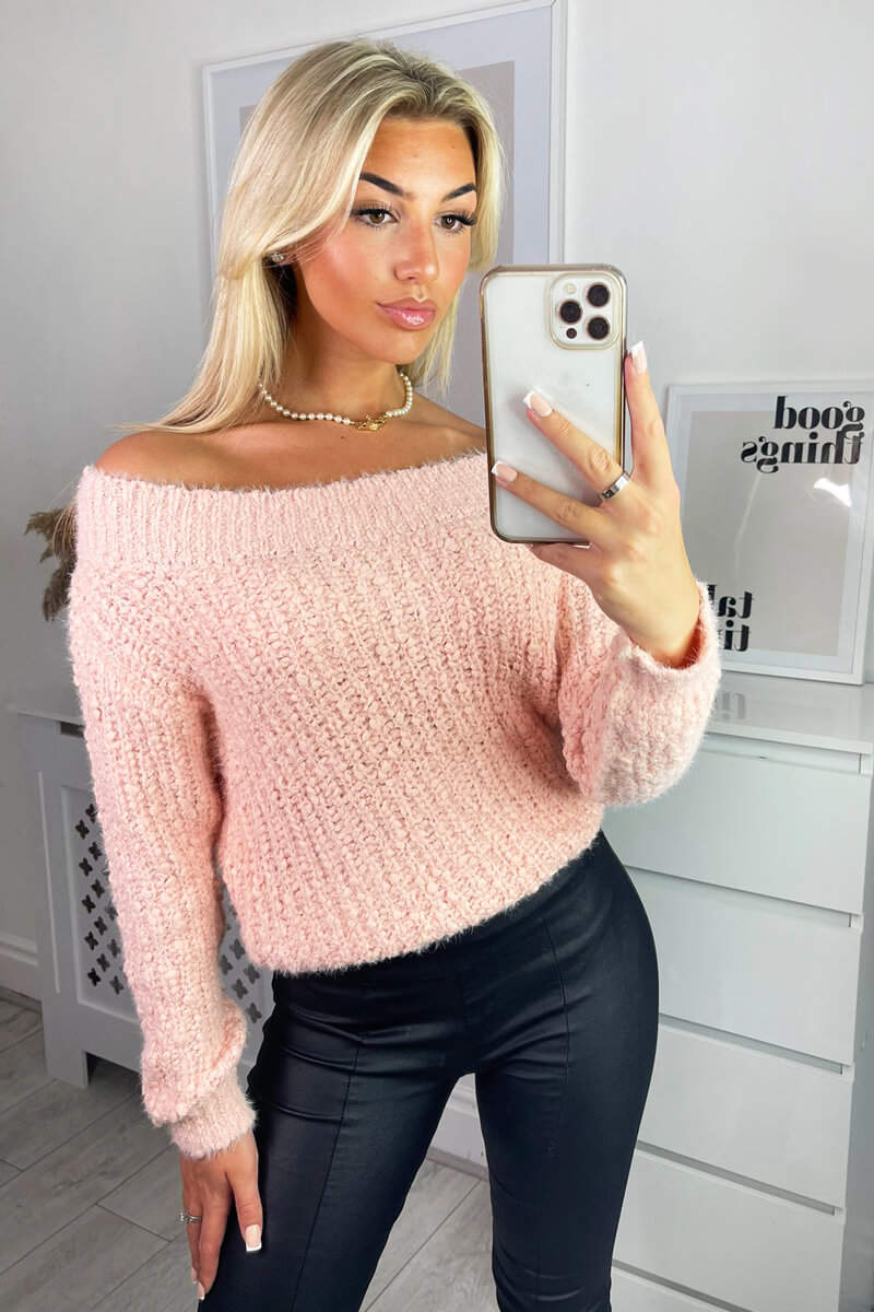 Blush Off The Shoulder Fluffy Jumper - Swimclubus