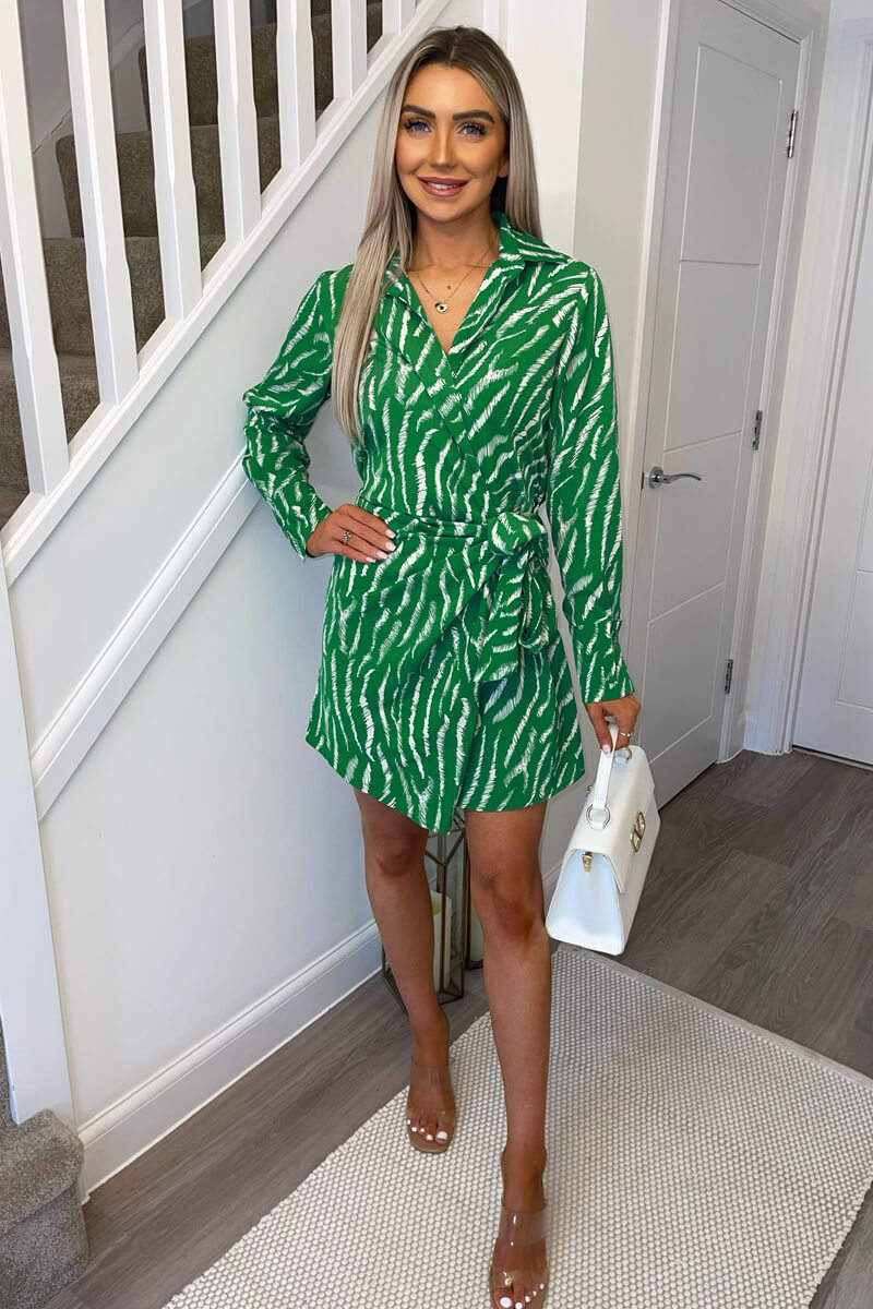 Green And White Animal Print Wrap Mini Dress - Swimclubus
