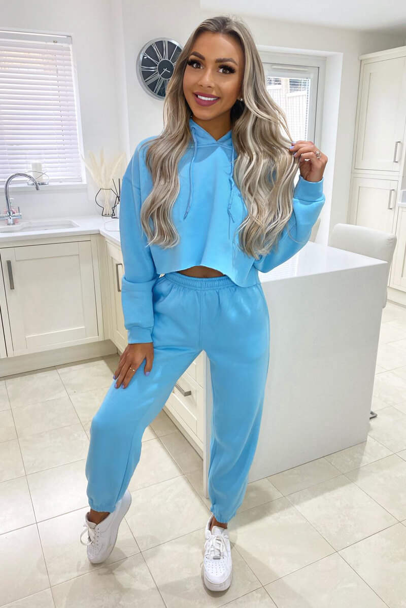 Baby Blue Cropped Hoodie Lounge Set - Swimclubus