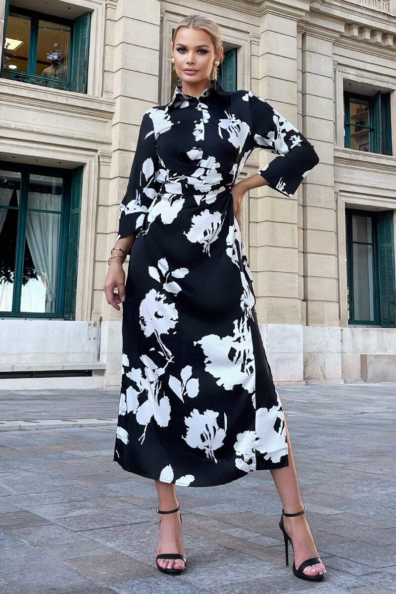 Black And White Print Draped Shirt Midi Dress - Swimclubus