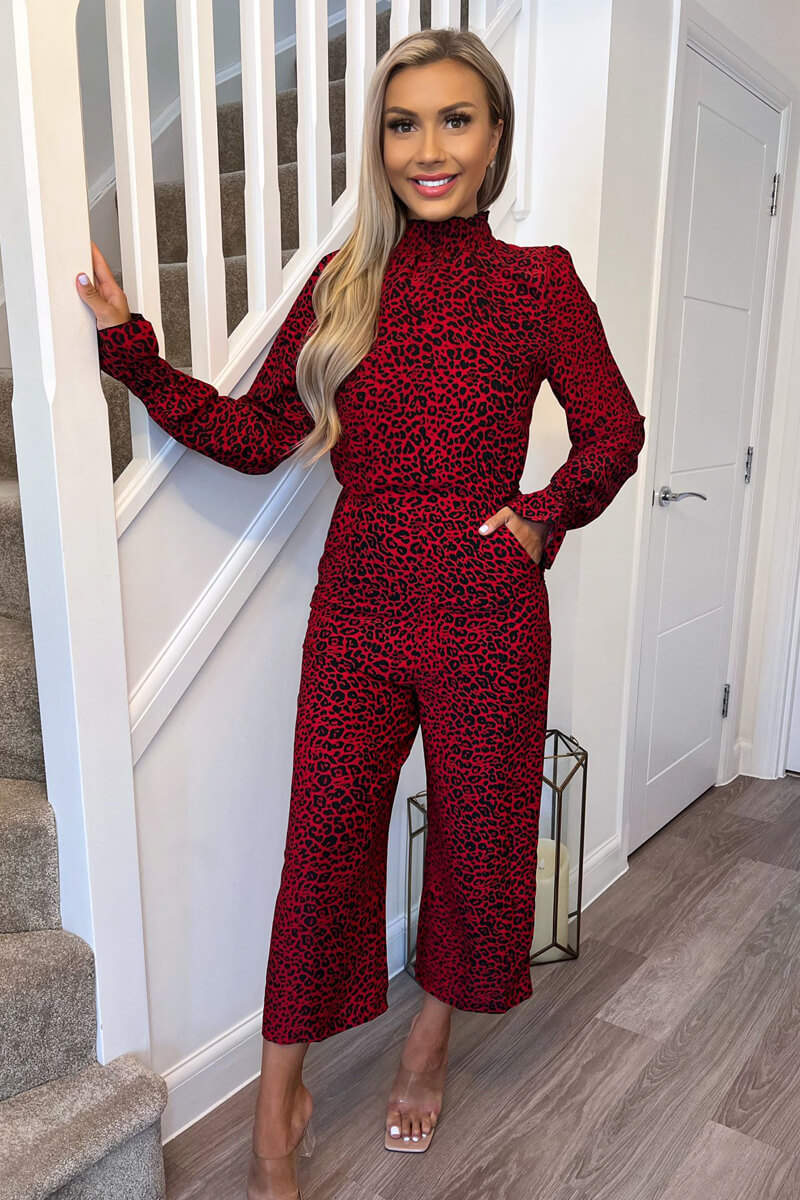 Red Animal Print Elasticated Neck Jumpsuit - Swimclubus