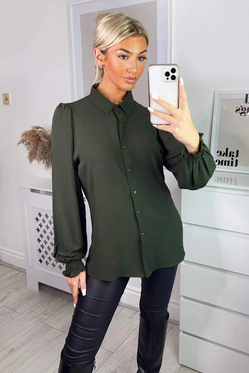 Olive Gold Button Up Elasticated Cuff Shirt - Swimclubus