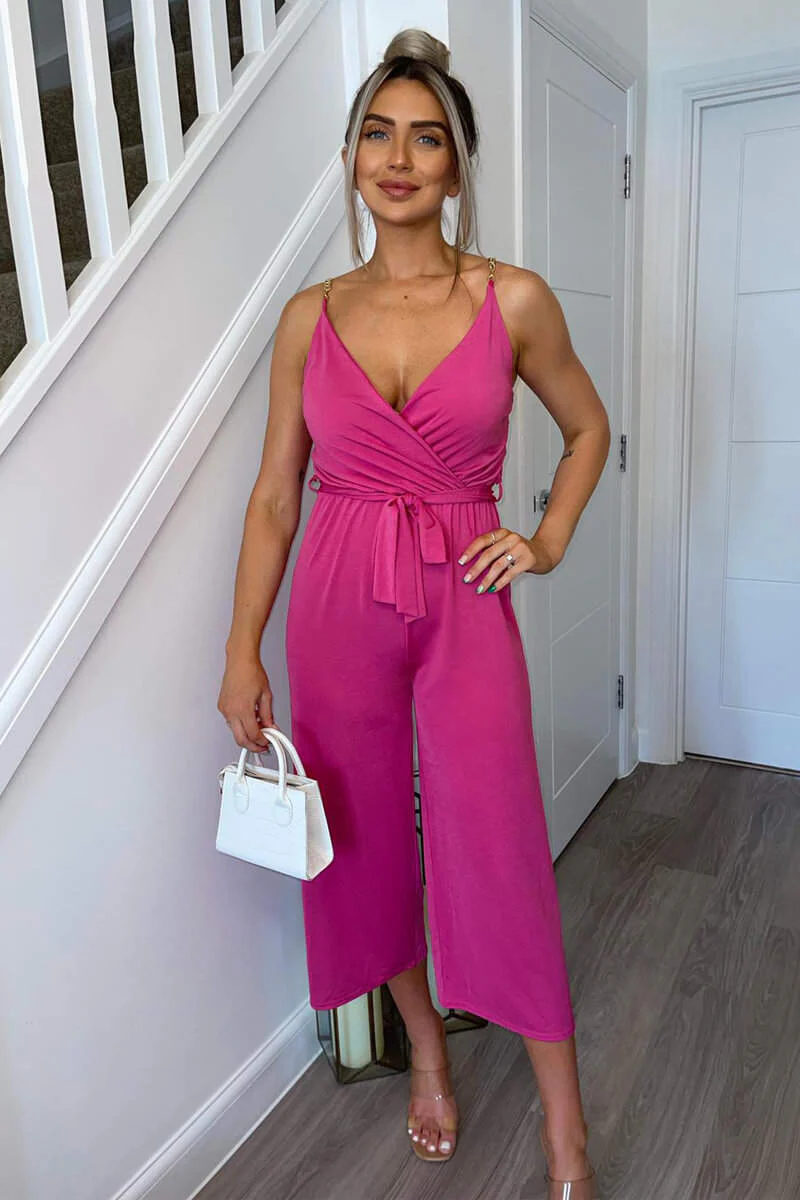 Cerise Cropped Jumpsuit With Chain Straps - Swimclubus