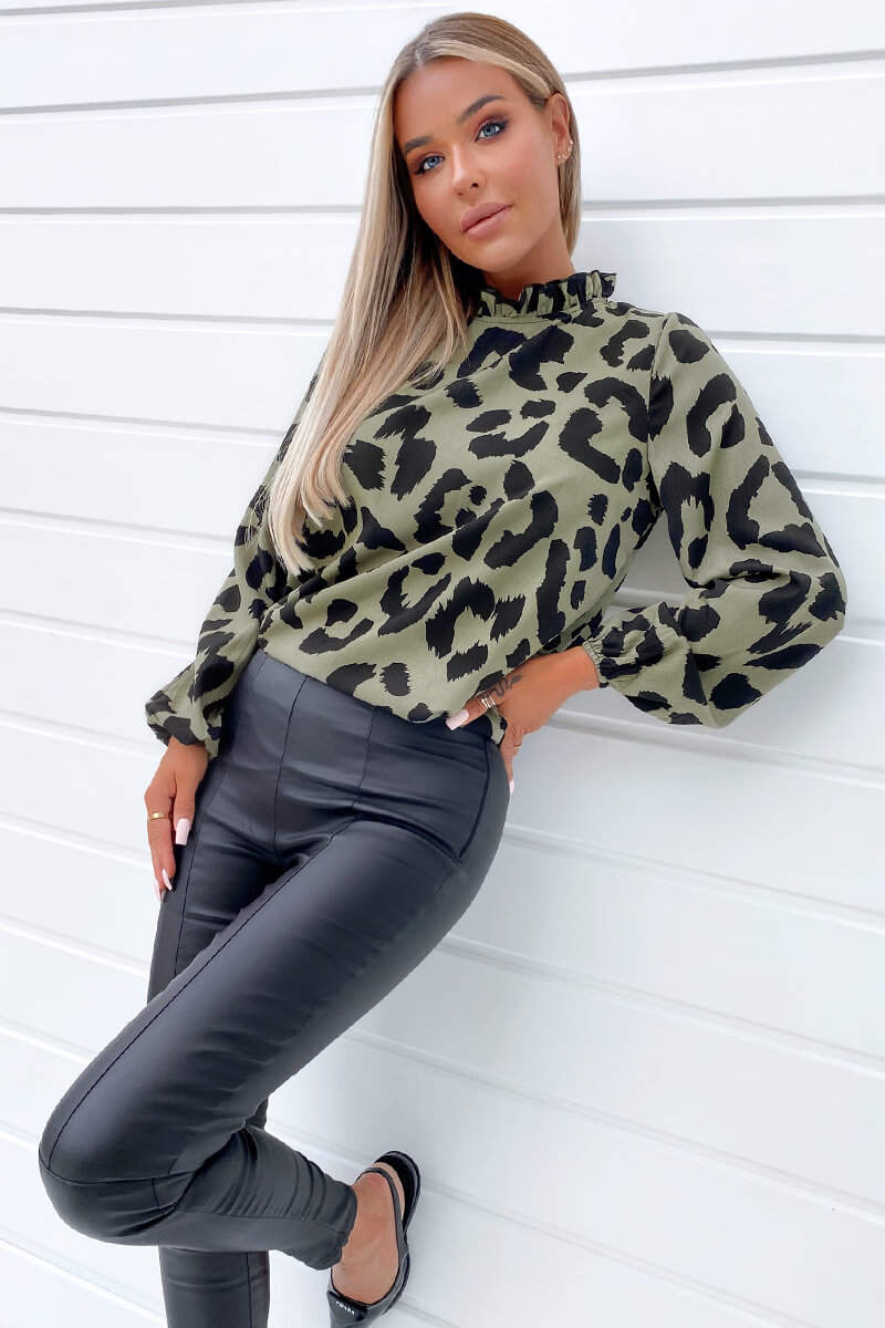 Khaki Animal Print Ruffle High Neck Top - Swimclubus
