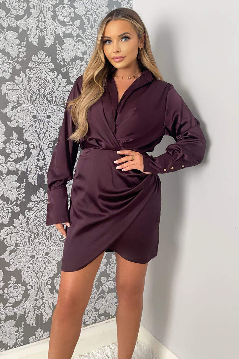 Plum Satin Wrap Shirt Dress - Swimclubus
