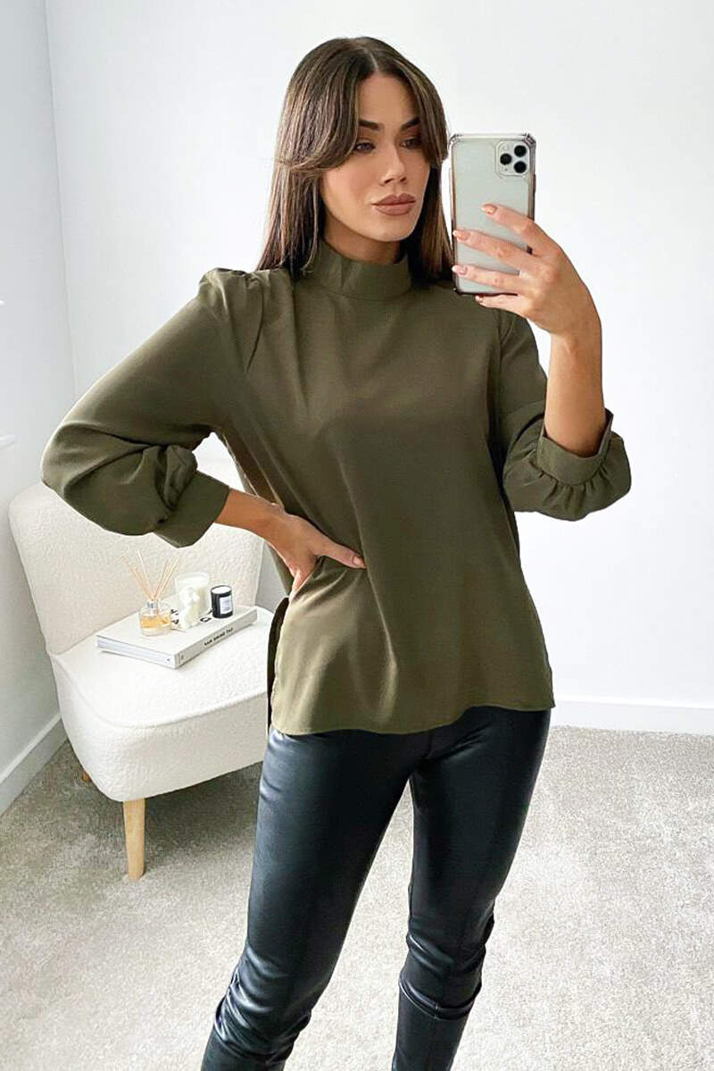 Khaki High Neck Dip Hem Blouse - Swimclubus