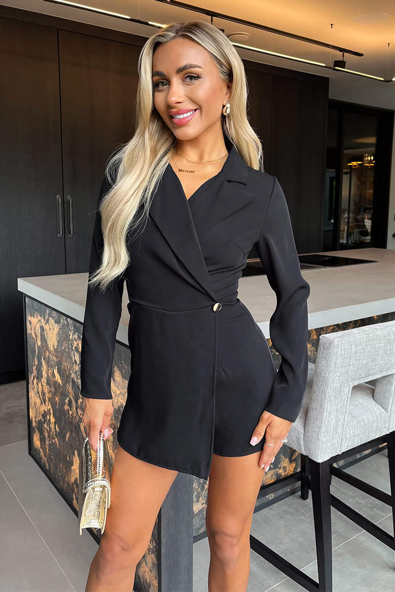 Black Long Sleeve Wrap Blazer Playsuit - Swimclubus