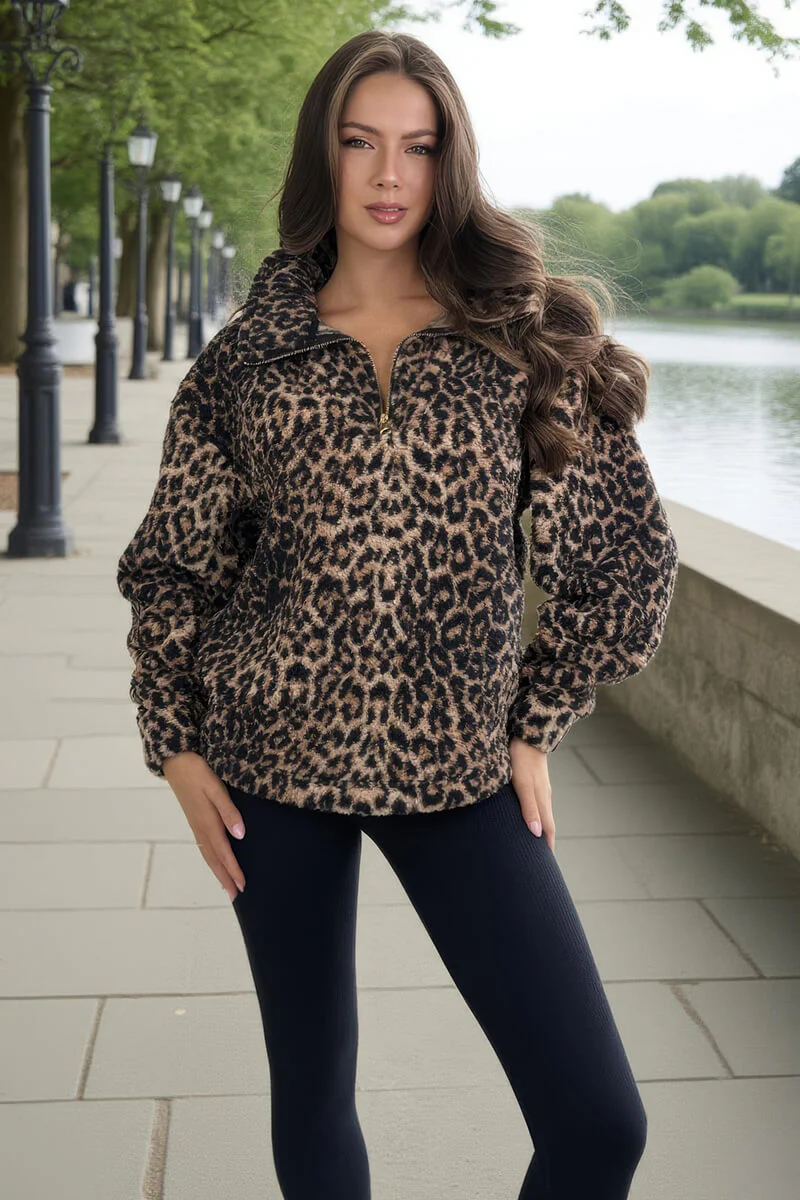 Leopard Print 1/4 Zip Teddy Sweatshirt - Swimclubus