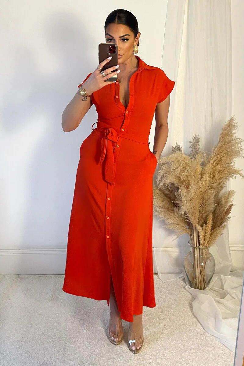 Burnt Orange Tie Waist Button Up Midi Dress - Swimclubus