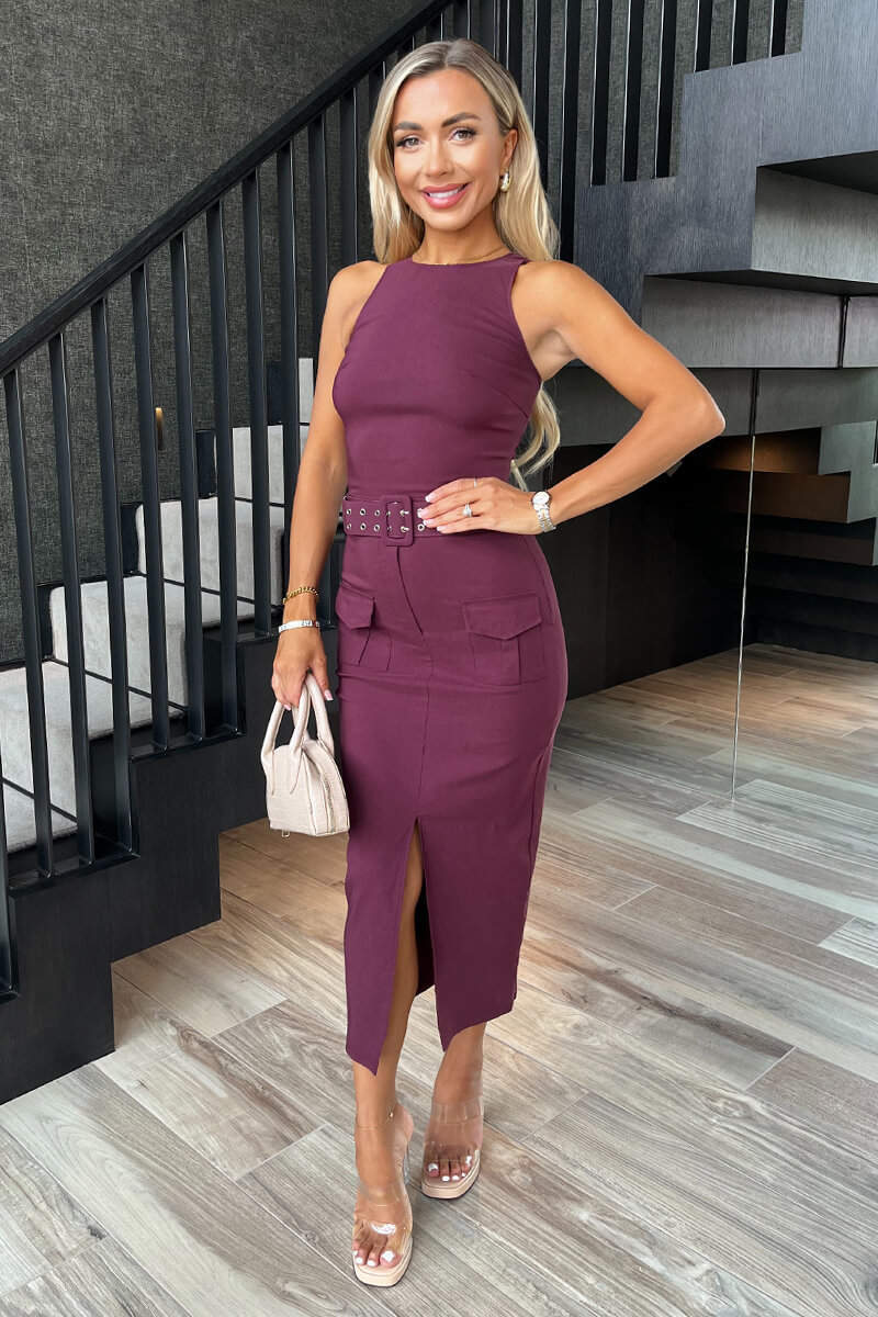 Plum Round Neck Belted Bodycon Cargo Midi Dress - Swimclubus