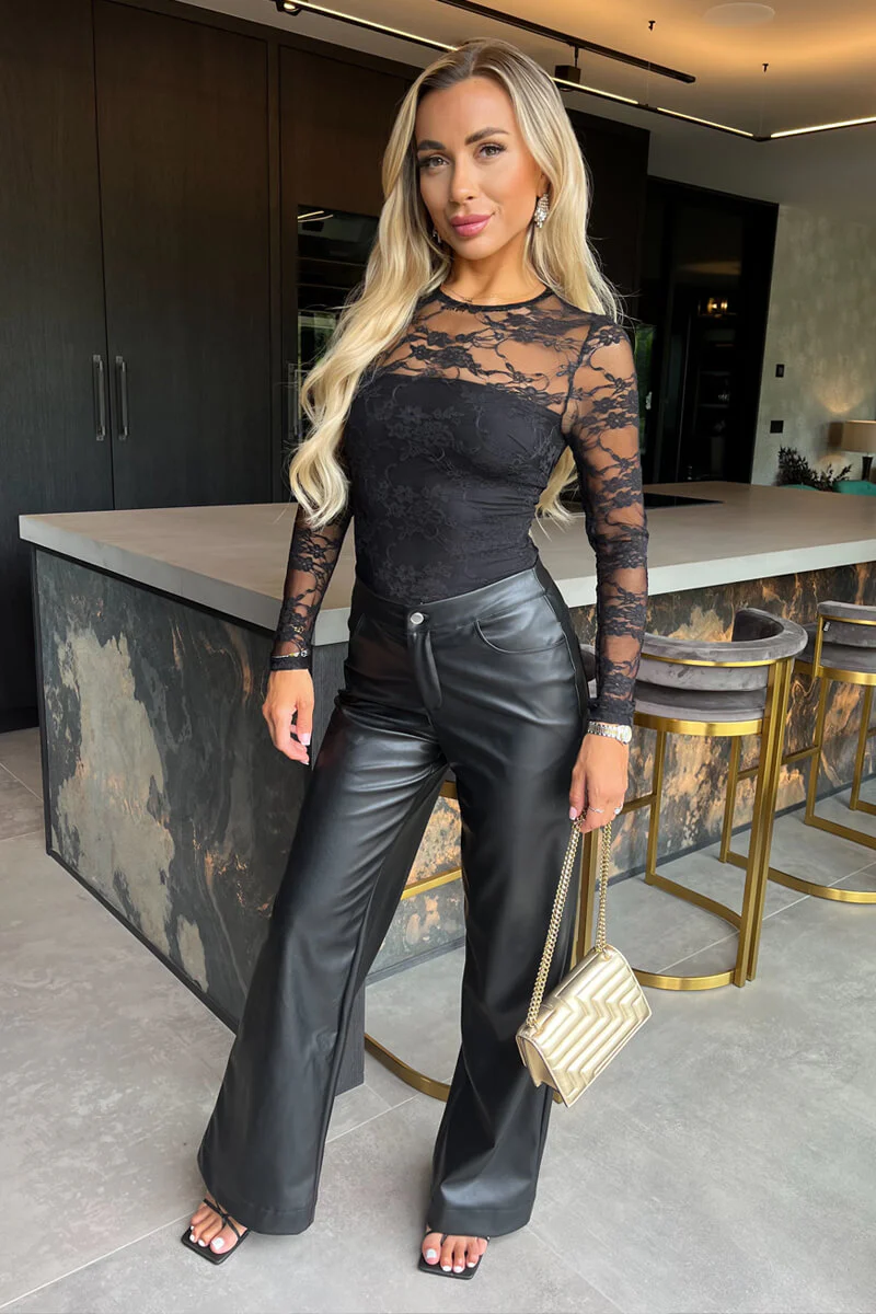 Black Lace Overlay Long Sleeve Bodysuit - Swimclubus